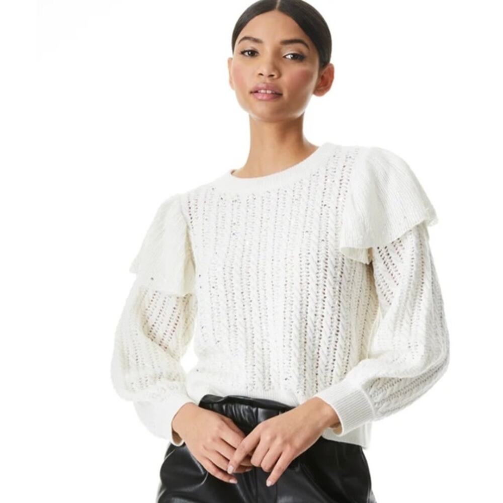 Alice + Olivia Rosi Pearl-Embellished Cable Knit Ruffle Sweater Ivory Cream M